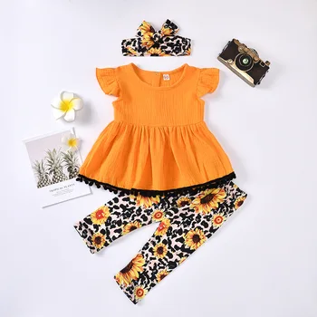 

Kids Baby Girl Clothes Set Short Sleeve Solid Color Tops Pants Flower Headband Summer Infant Clothing 1-5Y