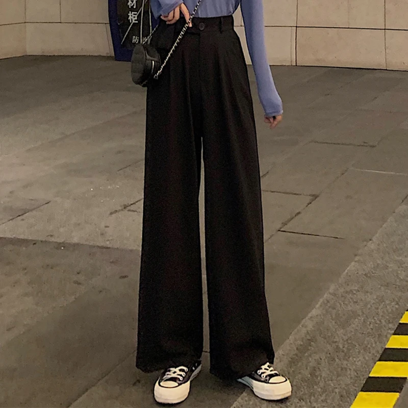 

straight High waist casual Spring autumn black flat button temperament fashion brand Trend Korean style Women's Clothing Pants