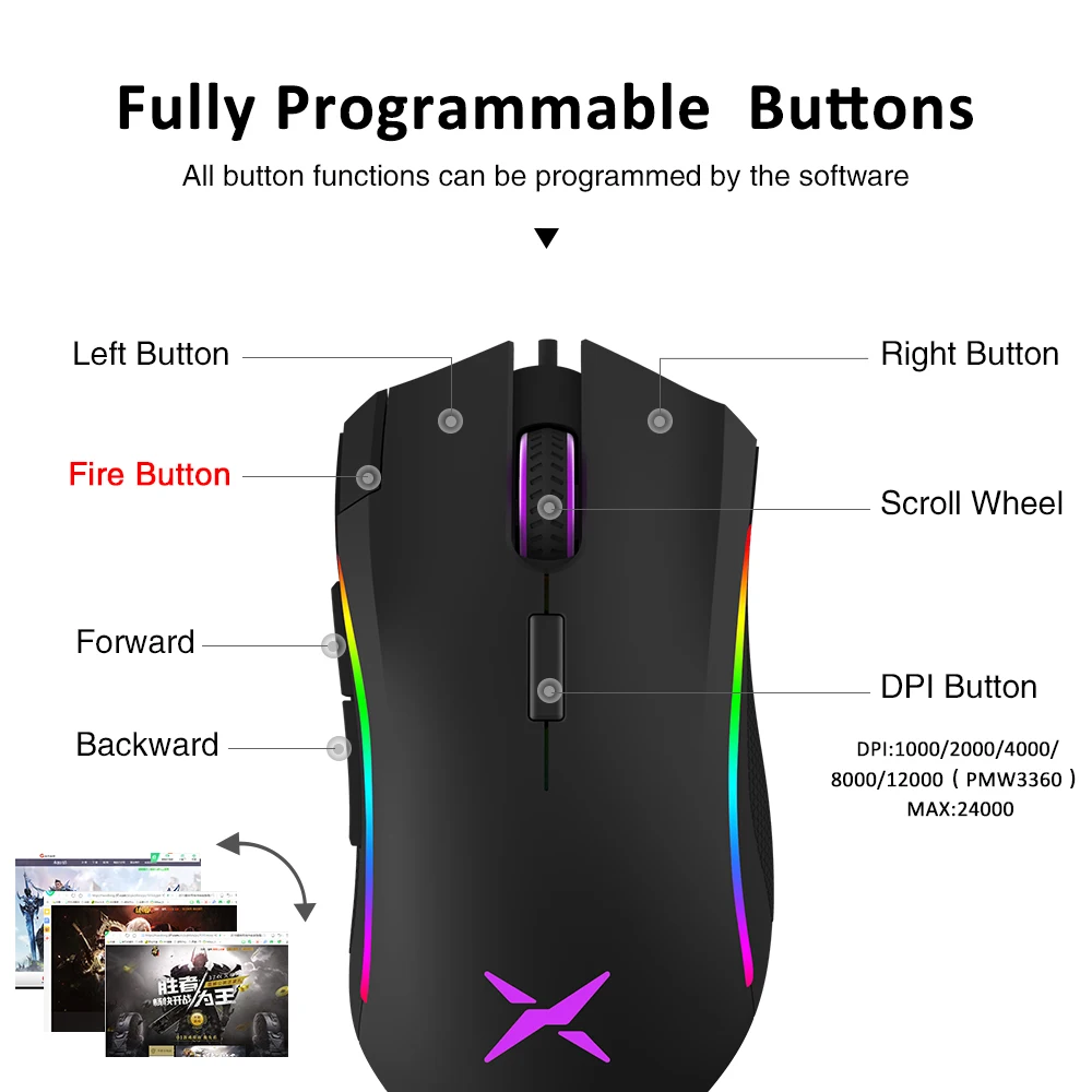 16000 DPI programable mouse ergonómico para PC portátil DELUX PC disponible para ambas manos Ratón Gaming Max 16.8 millones RGB color retroiluminado 9 botones 
