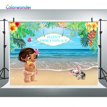 

Baby Princess Moana with Pig Backgrounds Photography 7x5ft Colorful Tropical Plants Beach Scenery Custom Backdrops for Birthday