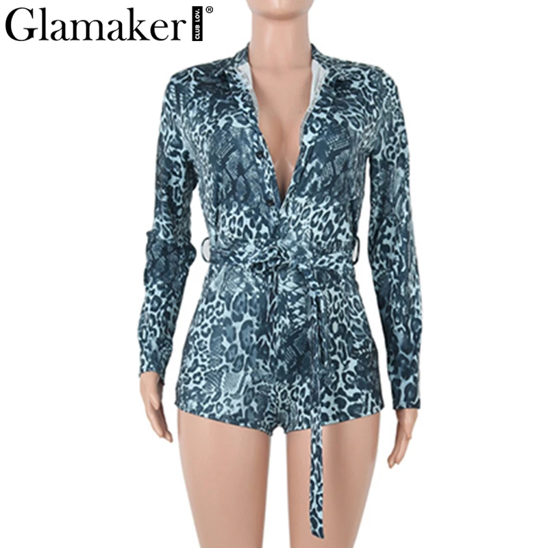 Glamaker, Леопардовый принт, длинный рукав, сексуальный Облегающий комбинезон для женщин, Осенние, вечерние, бандажный пояс, комбинезон, зимний женский костюм