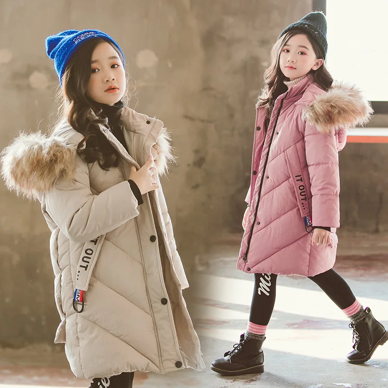 

2019 Down-Filled Coat Schoolgirl Children's Garments Knee Length Hooded Down Jacket Large Wool Collar Down Coat Primary Student