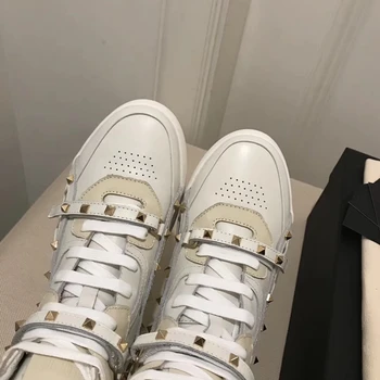 

Spike rivet women's casual shoes high-top sneakers large size leather top quality comfortable lace-up flat shoes slippers