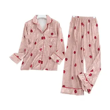 

Autumn Winter Women Pajamas Sets Turn-Down Collar Gold Velvet Two Piece Sleepwear Female Print Pockets Loose Nightwear