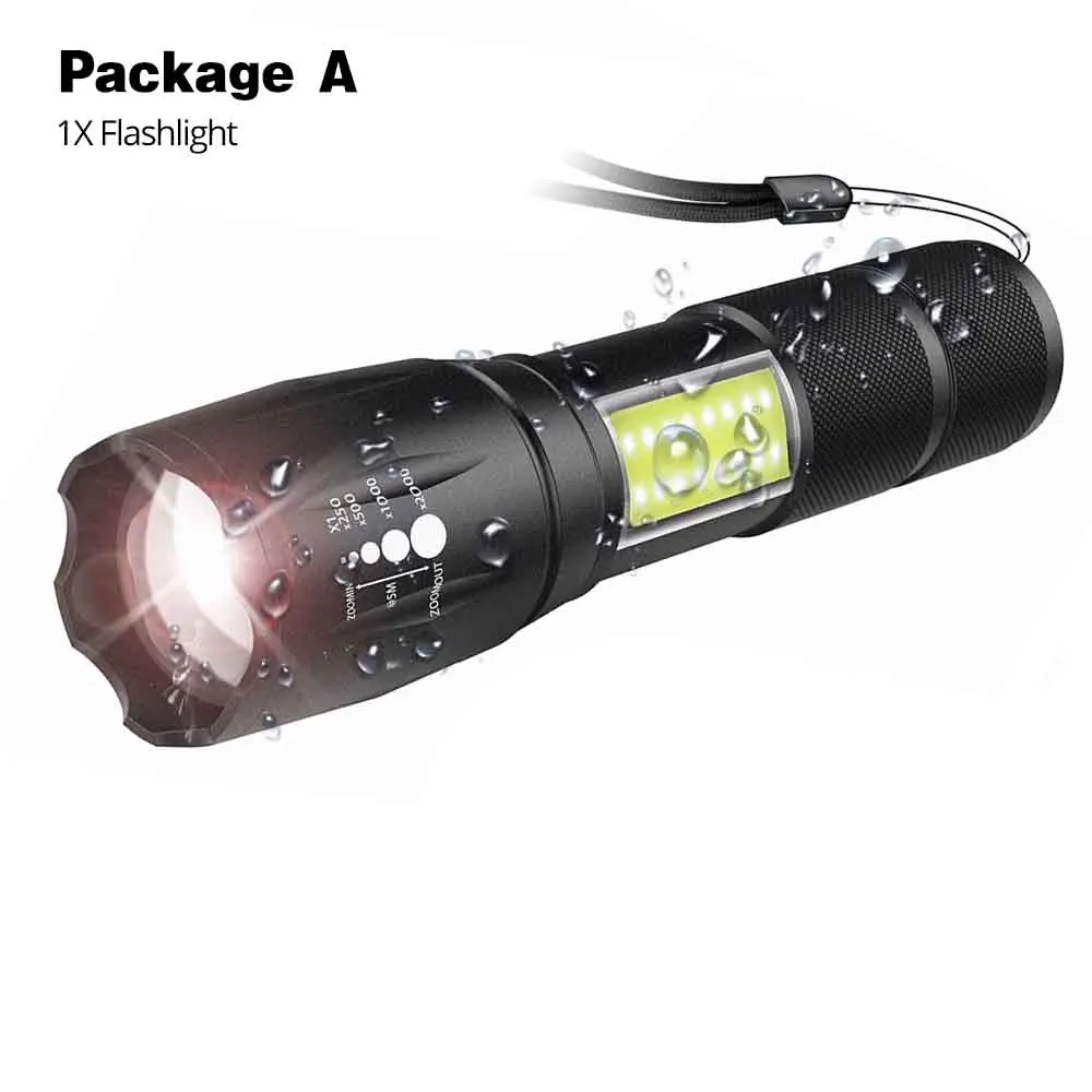 Светодиодный фонарик с боковой панелью Мощный T6/L2 телескопический зум портативный фонарик 4 режима лампы для аккумулятора 18650+ зарядное устройство - Испускаемый цвет: Package A