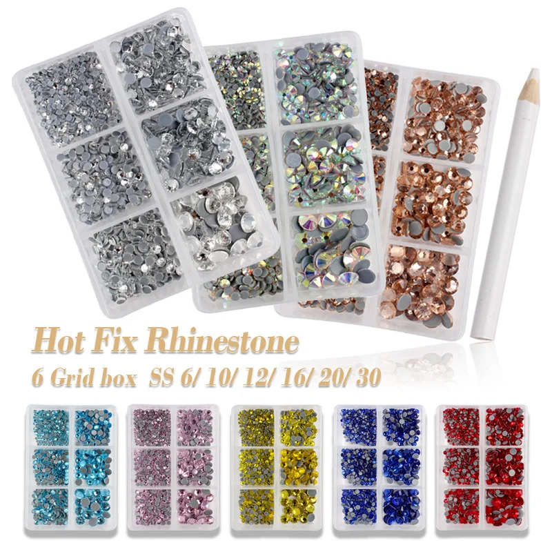 Mixed Sizes 6 Grid Box Blue Zircon AB Glass HotFix Rhinestones For