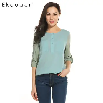 

Ekouaer Women Spring Autumn t shirt Summer Tops Half Button Roll Up Sleeve High-Low Hem Pocket T-Shirt Top