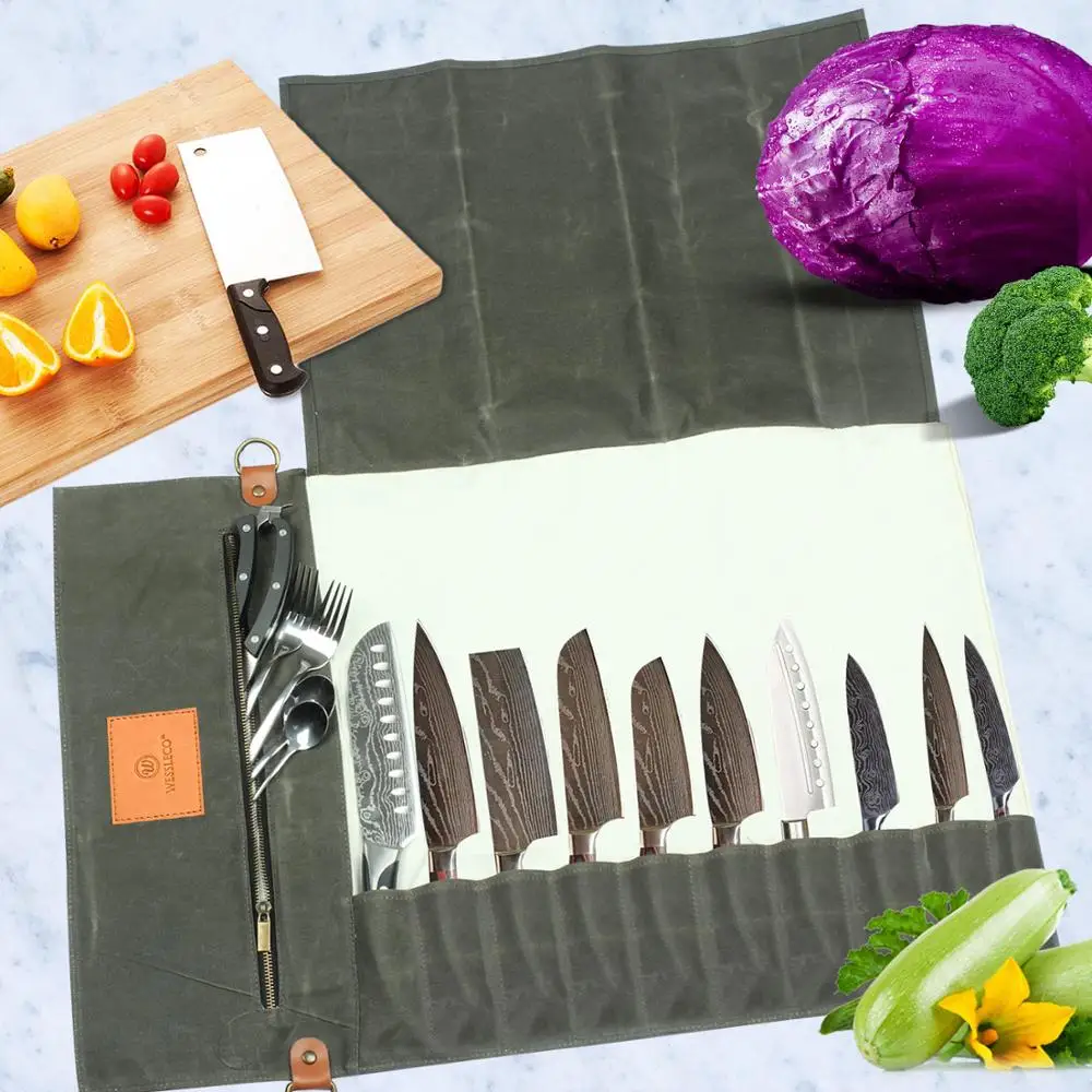  Wessleco Chef Knife Bag Canvas Roll Bag Carry Case Bag Kitchen Cooking Portable Durable Storage wit - 4000237415182
