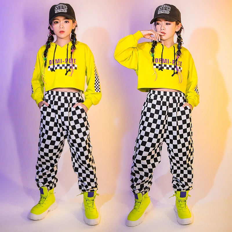 

Jazz Dance Costume Hip Hop Clothing For Girls Green Hoodie Crop Tops Plaid Pants Kids Hiphop Performance Outfit Stage Wear 5915