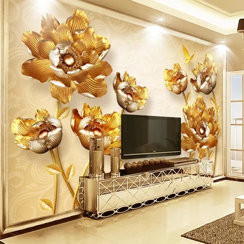 

Custom Any Size Mural Wallpaper 3D Luxury Golden Peony Flower Jewelry Photo Wall Paper Living Room TV Sofa Papel De Parede Sala