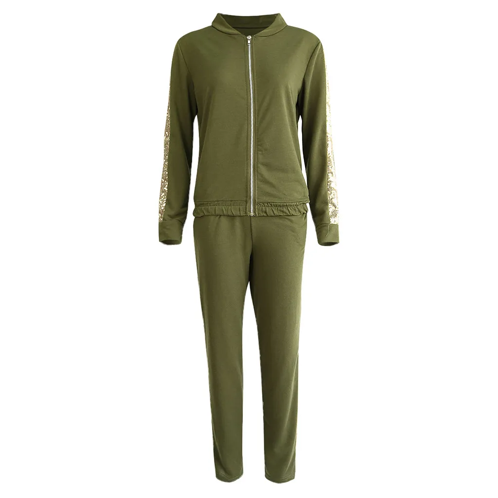 Womens Tracksuit Autumn New Fashion Casual Sequins Stitching Zipper Jacket Trousers Sports Suit Sportswear Women Tracksuit#45 - Цвет: Army Green