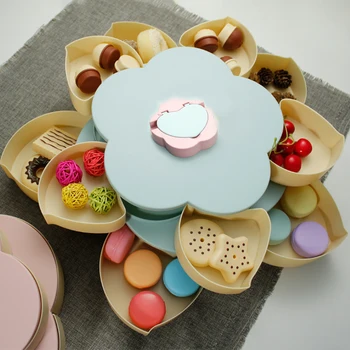 

New Candy Plates Double Layer Snack Box Petal-Shape Rotating Snack Tray Dried Fruit Plate Storage Organizer with Mobile Phone Ho