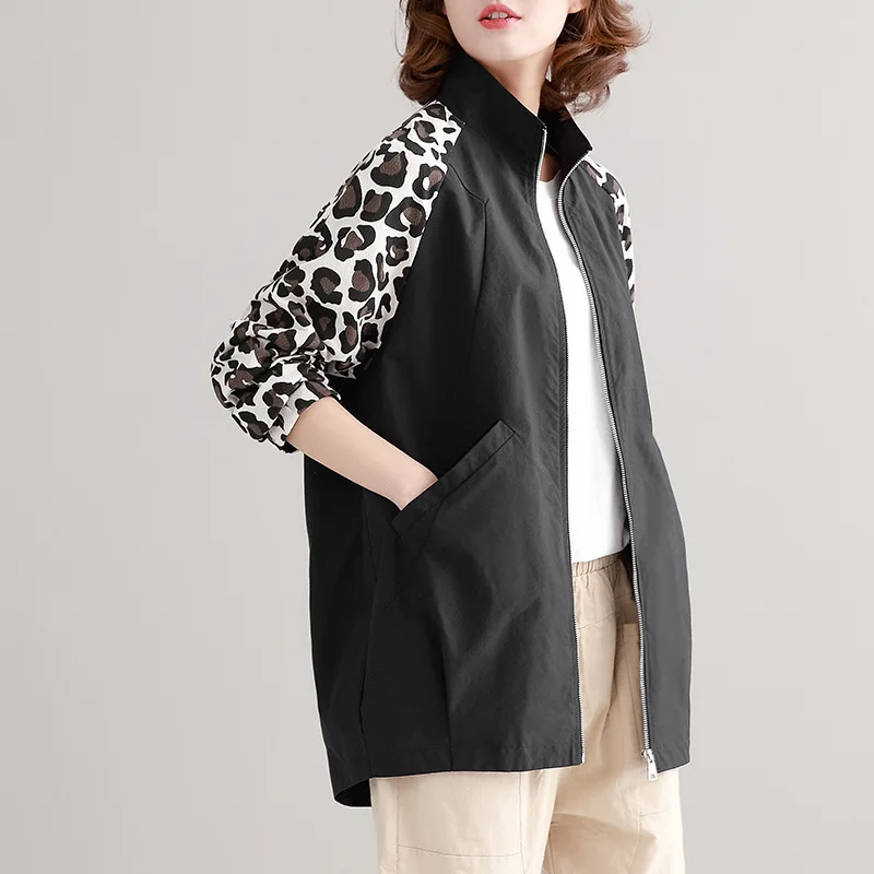 

2019 Spring Clothing New Products Women's Fashion Leopord Pattern Short-height Coat Loose And Plus-sized Stand Collar Mid-length