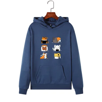 navy blue SINGRAIN, большие размеры, женские теплые толстовки с котом, милый Принт суши, длинные рукава, пуловер с капюшоном, топы, негабаритные толстовки, свитшоты - Цвет: navy blue