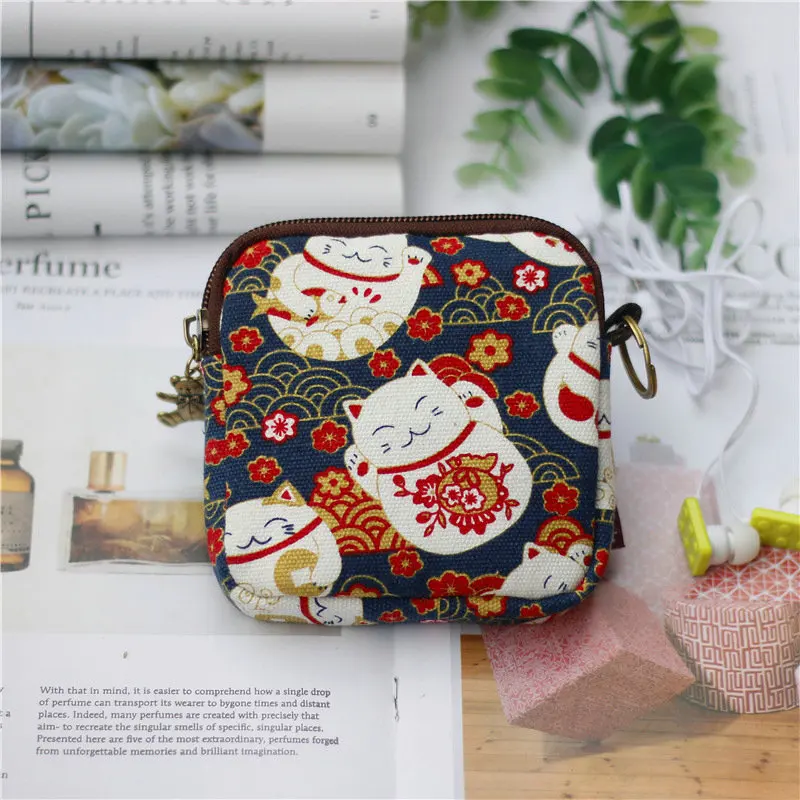 

Cartoon Canvas Coin Purse Mini Card Holder Square Sling Bag Key Zipper Short Wallet