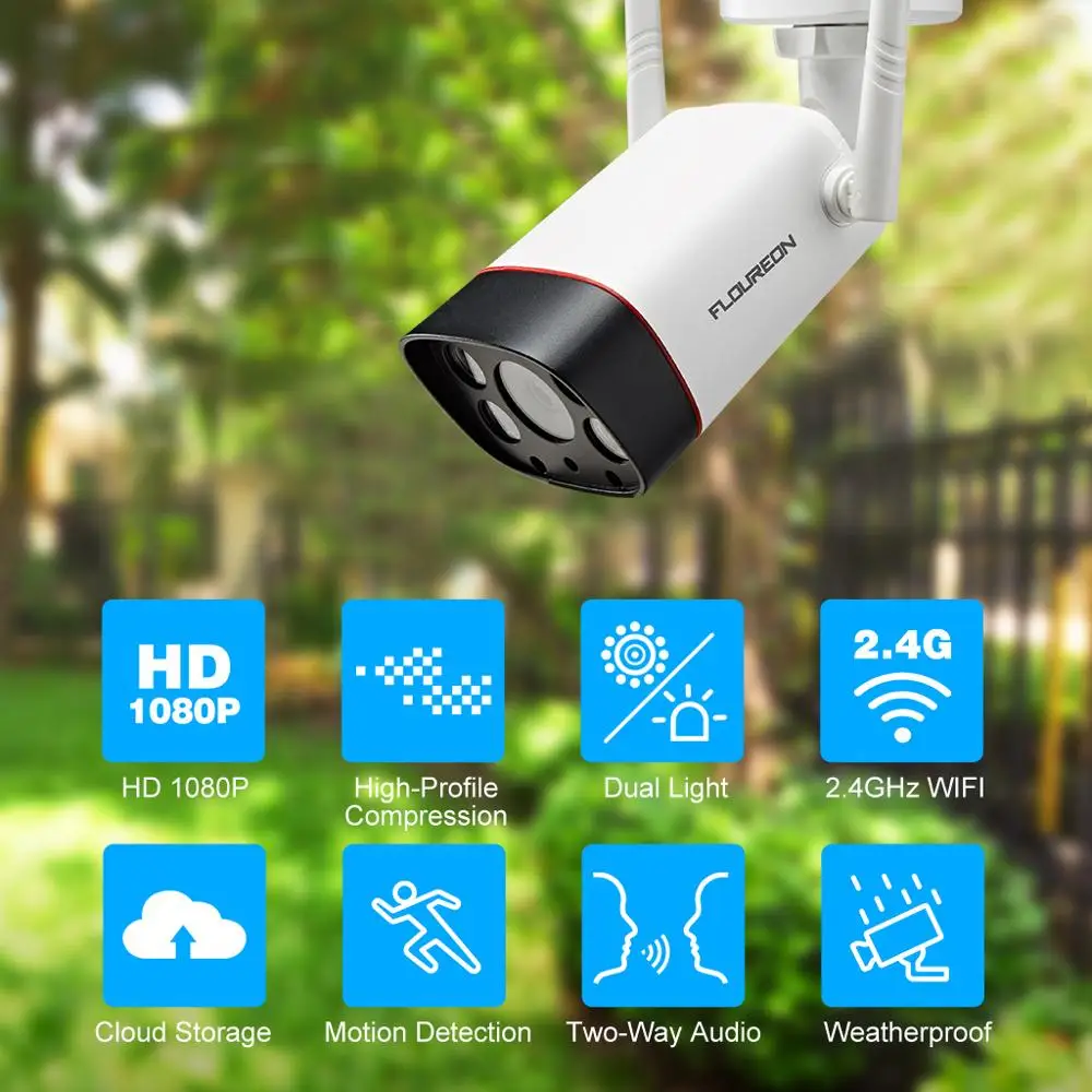 Floureon, новинка, беспроводная WiFi камера, 1080 P, обнаружение движения, двойной светильник, IP камера, ночное видение, IP66, для наружной безопасности