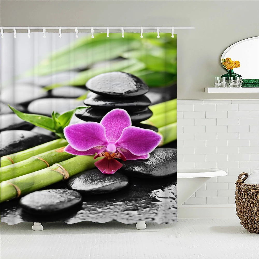 Waterproof Fabric Shower Curtain Printing Plant Bamboo Flower Flowing