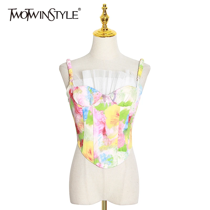 

TWOTWINSTYLE Print Patchwork Ruffle Mesh Vest For Women Spaghetti Strap Vintage Vests Female 2020 Summer Fashion New Clothing