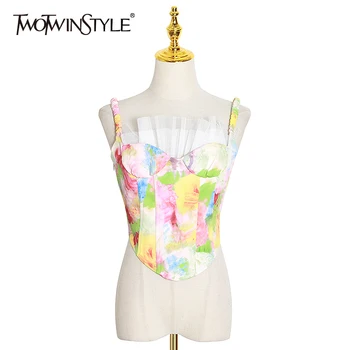 

TWOTWINSTYLE Print Patchwork Ruffle Mesh Vest For Women Spaghetti Strap Vintage Vests Female 2020 Summer Fashion New Clothing