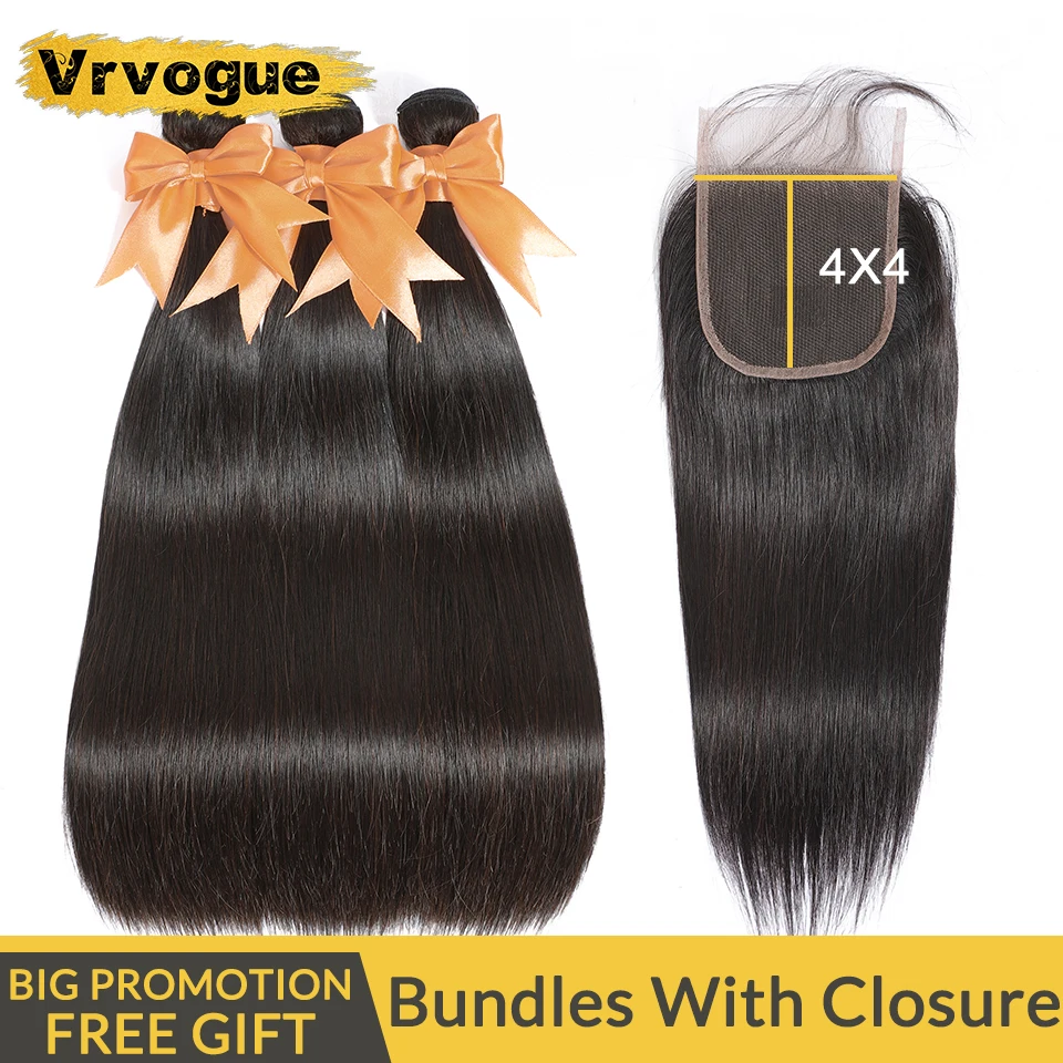 

Malaysian Hair Straight Bundles With Closure Non-Remy Human Hair Extensions 3 Bundles With Lace Closure Natural Colour Vrvogue