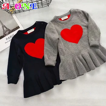 

2019 Autumn Spring big red love jacquard ruched baby girls knitwear dress kids dress Children brand Designer clothes