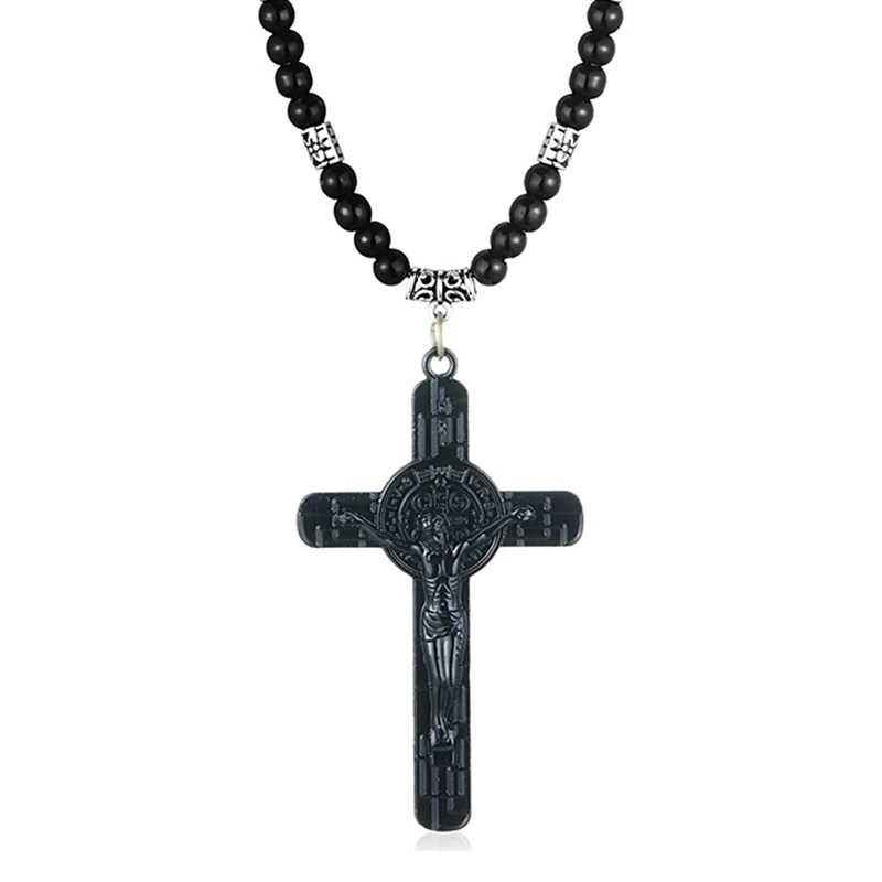 Винтажное католическое Распятие ожерелье s ожерелье из черного бисера Иисус христианство молитва религиозный жетон мужские ювелирные изделия