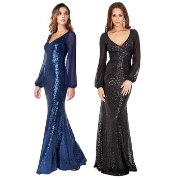 

Female Elegant Mermaid Party Prom Dress Perspective Long Evening Party Gown Sexy Sequins Patchwork V-neck Vestidos De Festa
