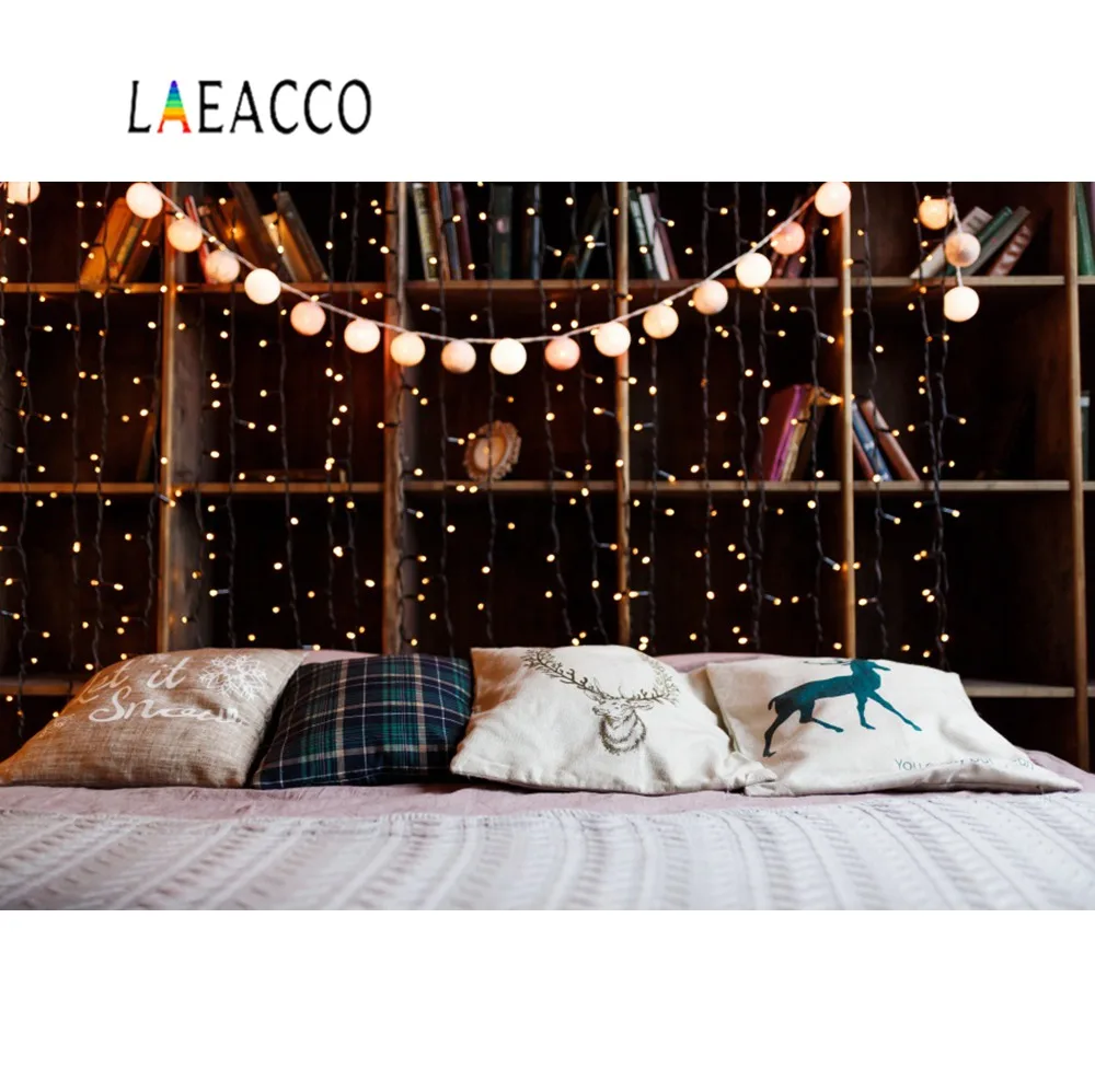Laeacco Фото фоны Рождественская изголовье подушка Деревянный свет для полки Декор Спальня Фото фоны фотосессия Фотостудия