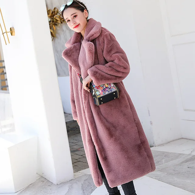 Зимнее женское теплое пальто из искусственного меха размера плюс, Женская парка высокого качества, роскошная пушистая куртка из кроличьего меха, толстая плюшевая длинная верхняя одежда - Цвет: dark pink