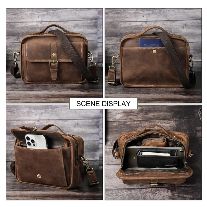 Fashion Retro designer Crazy Horse Leather Men's Brown Small Shoulder Bag  Daily Outdoor Work Hot Real Leather Crossbody Bag
