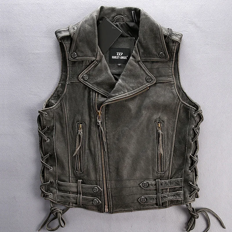 

Free Shipping 2020 Vintage Cowhide Leather Vests Men's New Genuine Leather Motorcycle Rider Vest Black Sleeveless Jacket