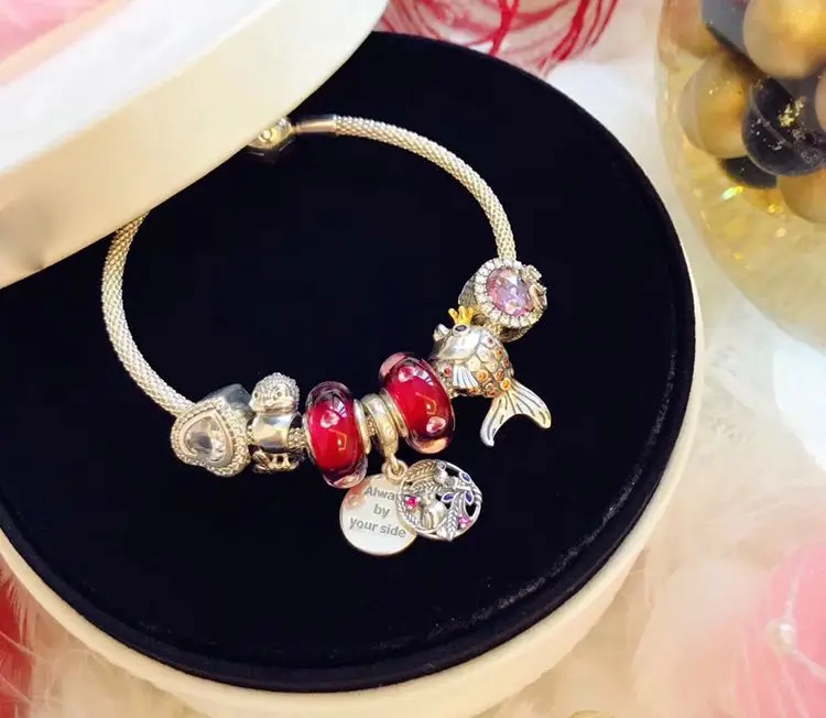 

Keris Store High Quality 1:1 100%925 Sterling Silver Charm Red Glaze Beads Gold Fish Bracelet Free Shipping