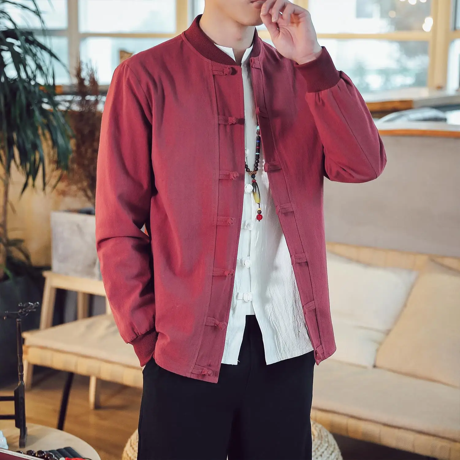 M-5XL Men Chinese Style Coats Plain Color Single Breasted Vintage Jackets Autumn Spring New Long Sleeve Clothes XXXXXL - Цвет: Wine Red Jacket Men