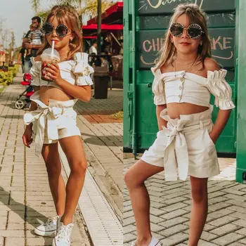 

1-5T Kids Baby Girl Summer Clothes Set Off-Shoulder Solid White Vest Tops+Skirt Dress Girls Pageant Party Clothes Set