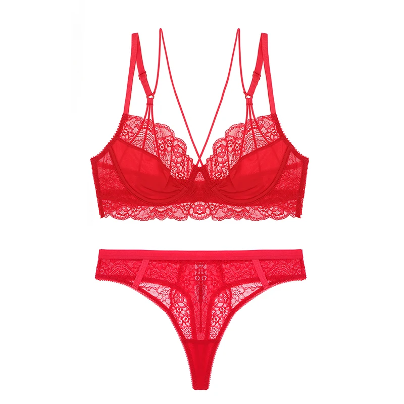 red with thong Varsbaby, новинка, французский стиль, сексуальное, ультра-тонкое, цветочное, кружевное нижнее белье, без подкладки, красивые комплекты с бюстгальтером сзади - Цвет: red with thong