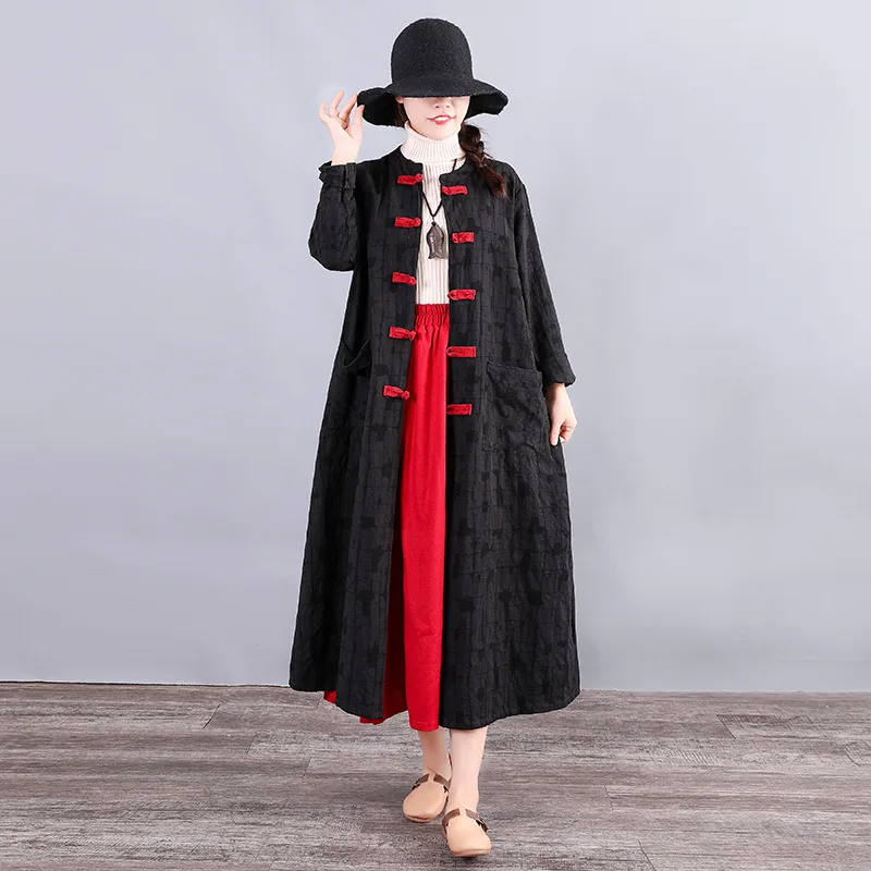 Ethnic-Style Loose-Fit Jacquard Cotton Linen Frog Crew Neck Long Sleeve Mid-length Trench Coat WOMEN'S Dress Autumn New Sty