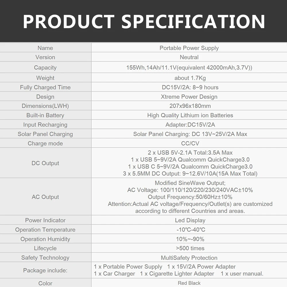 US $101.63 42000mAh 110V 220V AC Output Continuous Mobile Power Station Solar Generator With Safety Protection