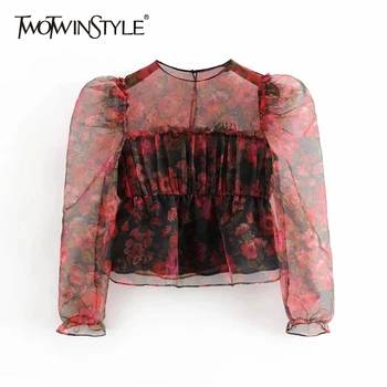 

TWOTWINSTYLE Print Ruffle Perspective Women's Shirts O Neck Puff Long Sleeve Loose Blouses For Female Clothing 2020 Fashion Tide