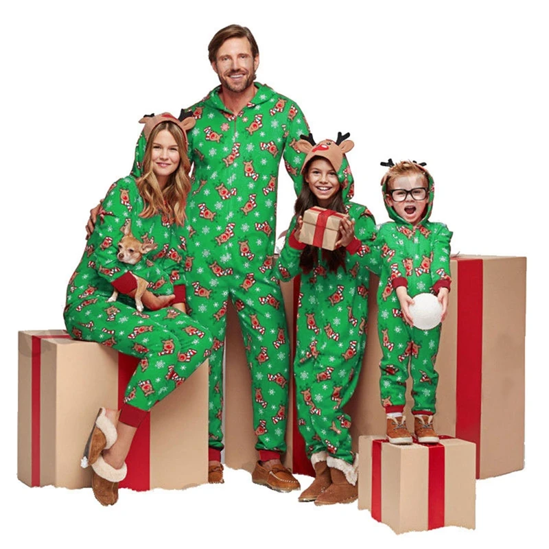 Рождественские комплекты для родителей и детей; комбинезон с капюшоном; комбинезон с принтом оленя; Семейные пижамы; Рождественская одежда для сна; домашняя одежда; комбинезоны; одежда
