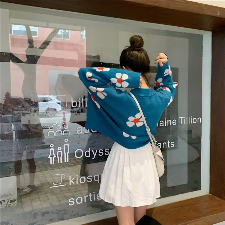 RUGOD 2019New женский свитер с цветочным узором с v-образным вырезом, однобортные пуговицы, Свободный вязаный кардиган, милое корейское стильное осеннее пальто для женщин