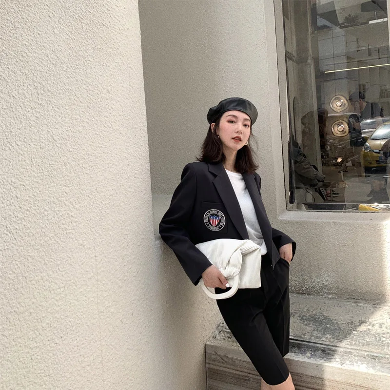 

Short Small Suit WOMEN'S Coat 2019 Summer Autumn England College Style Fold-down Collar Western Style Loose Short Sleeve Long-sl