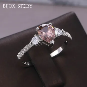 

BIJOX STORY fashion ring for women 925 sterling silver jewelry with water drop shape topaz gemstone wedding engagement gift ring
