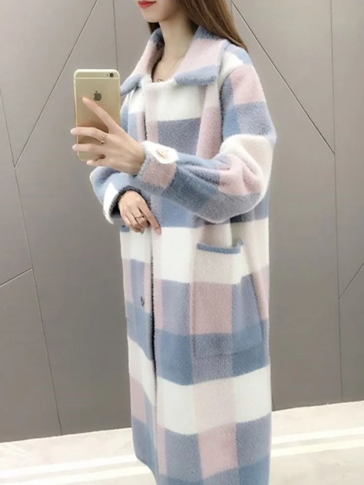 Pink lapels Синяя шуба из искусственного меха норки женская одежда осень овчина Россия Зима однобортная утолщенная Вельветовая клетчатая длинная Мода - Цвет: Pink lapels