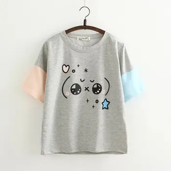 

2018 new simple cartoon design round neck pure cotton self-cultivation routinely bottoming Jersey woman T-Shirts