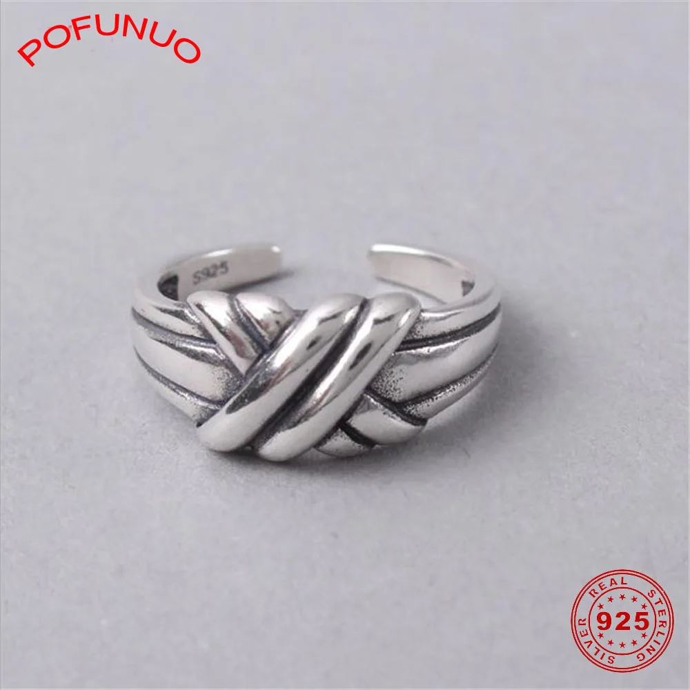 

POFUNUO Stylish Handmade Weaving 925 Sterling Silver Rings Simple Warping Vintage Style Girls Festival Gift Adjustable Open Ring