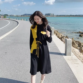 

2020 Spring Autumn Women Long Sleeve Splice Drawstring Design Loose Hooded Hoodie Dress Female Korean Long Casual Dresses 2002
