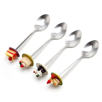 

4 Styles 1PC Cute Kids Resin Dessert Cake Ice Cream Stainless Steel Spoons Coffee Teaspoon 14x3cm C6UE