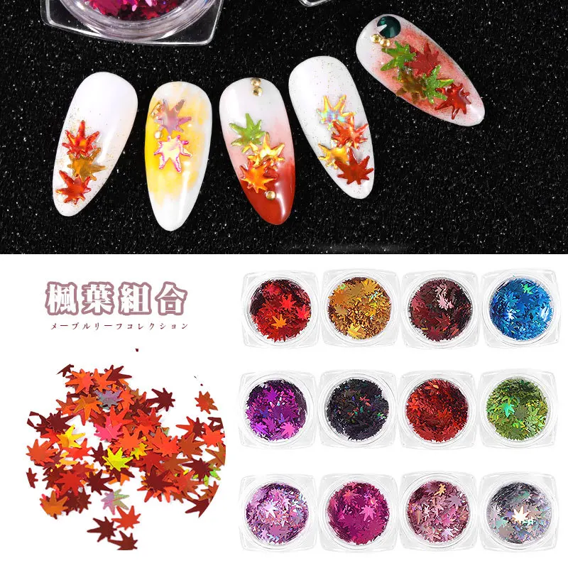 

12 Jars Maple Nail Glitter Flakes Holographic Paillette Chameleon Sequins Autumn Fall Leaves Shape Laser Glitter UV Gel Flake P#