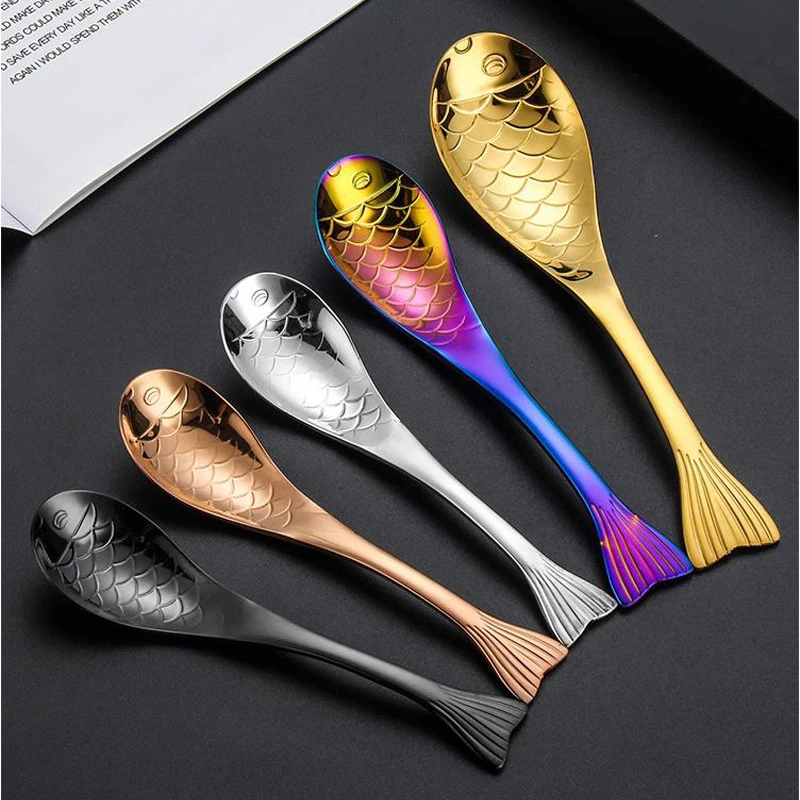 

1Pc Stainless Steel Fish Shape Spoon Dessert Coffee Spoon Stirring Children Cartoon Dinner Spoon Rose Gold Creative Flatware