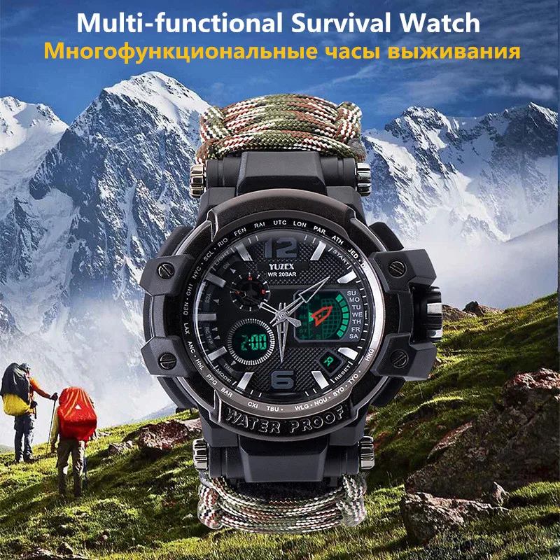 Multi-function Survival watch bracelet Outdoor Tool Paracord Watch Whistle Compass Thermometer Rescue Rope Survival kit Set